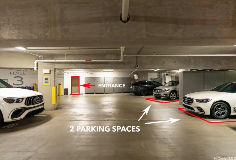 2 side-by-side parking stalls located on FLAT level (no decline or incline).