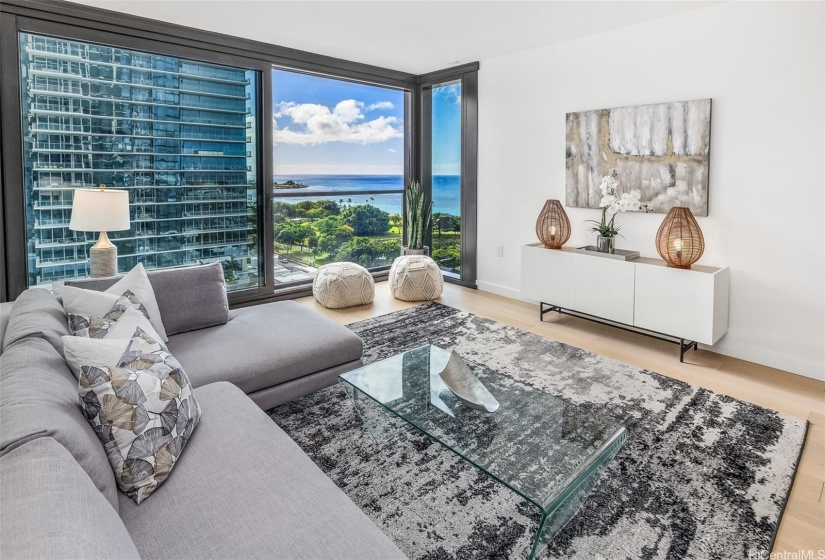 Living Room with ocean view & 9 foot ceiling.