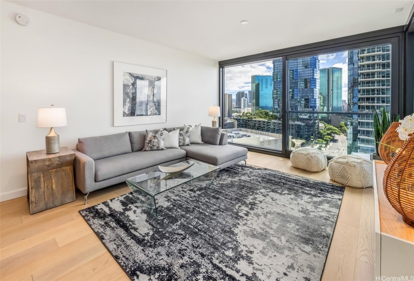 Open living room with 9 foot ceilings