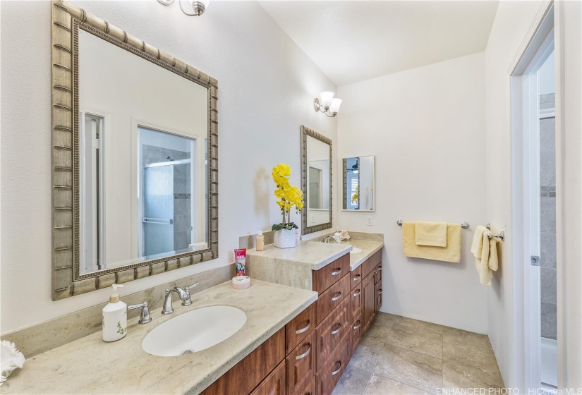 Main bathroom. Staged. Enhanced photo.