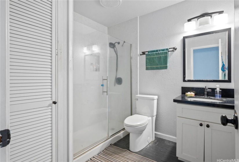 Hallway bathroom with walk-in shower.