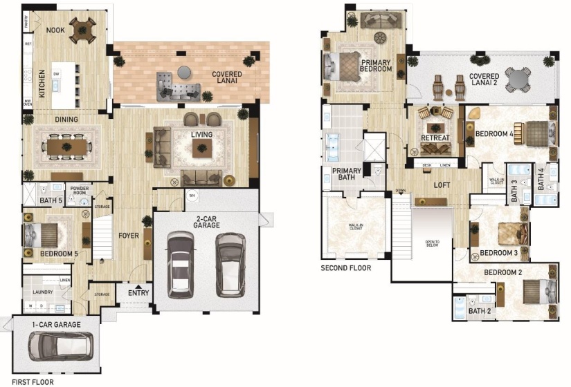 Illustrations are conceptual depictions only of proposed improvements, are not necessarily to scale, and may differ from actual improvements, if any, when constructed. The specific features in a residence vary from home to home and not all features are available in all series or all floorplans within a series. We reserve the right to modify or cancel these specific features, substitute equipment, materials, appliances and brand names in our sole discretion.  Color and size variations may occur. All square footage numbers are approximate and may vary due to plotting and field variations or method of measurement. In addition, were serve the right to make modifications to the maps, floorplans, square footages, exteriors, specifications, features, dimensions, designs, building materials, options, colors, finishes, landscaping layout and materials, and product types at any time without notice or obligation.