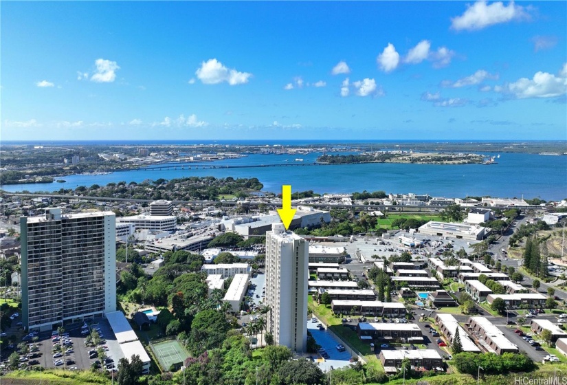 Aerial view of the ocean and city