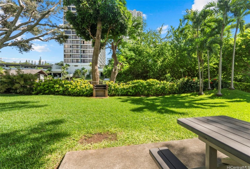 BBQ area, picnic benches, lovely open green space
