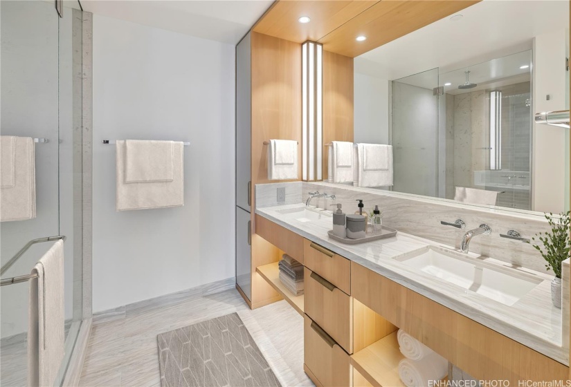 Enhanced - Primary bathroom with double vanity, lots of storage