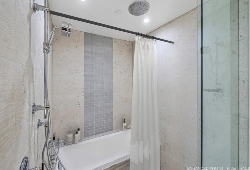 Enhanced - Primary bathroom with shower/ deep soaking tub enclosure with glass wall