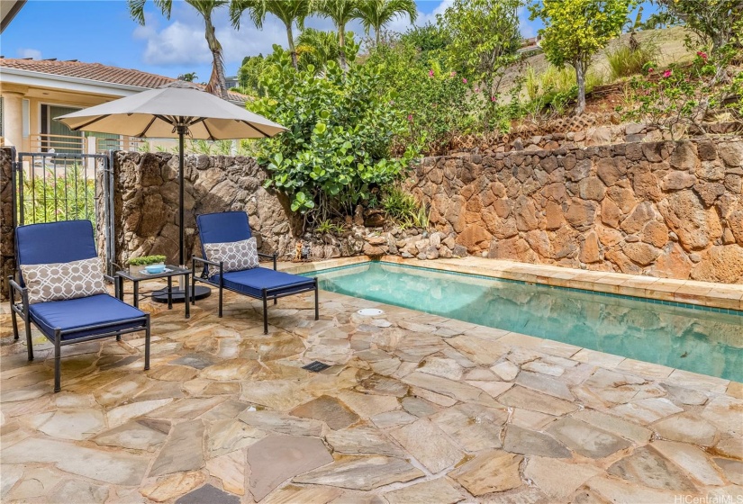 Such a serene back yard with flagstone deck, lap pool and terraced greenery.