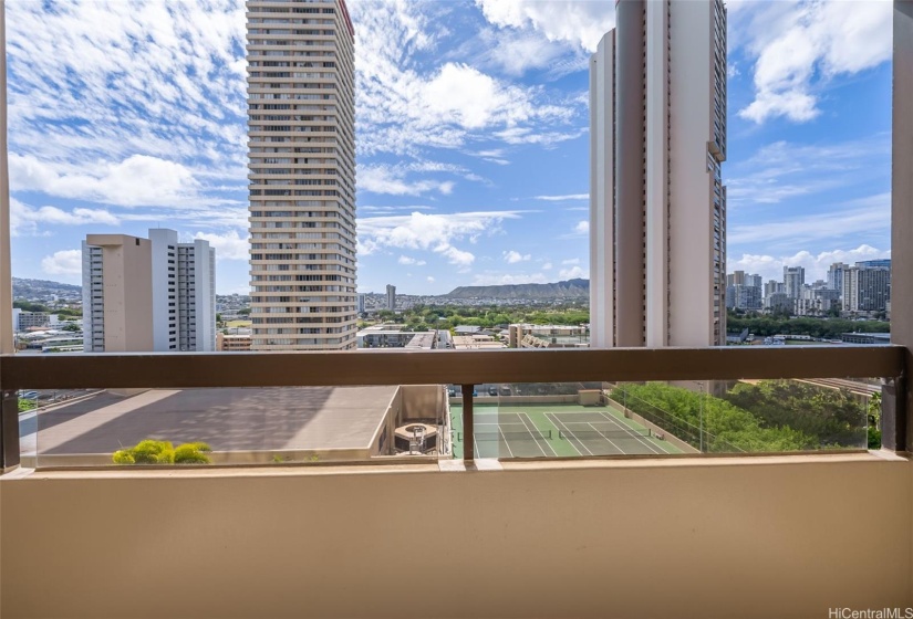 A peak of Diamond Head and the amenities deck from the living room lanai
