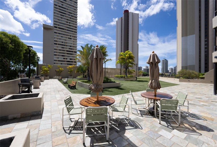 Lots of barbecue grills and seating areas for dining outdoors