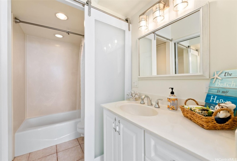 Updated Primary bathroom with a barn door transition and standard sized tub