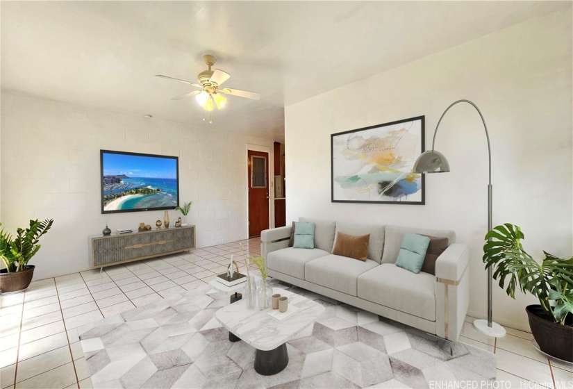 Enhanced (virtually staged) ~ Bright and spacious living room with Diamond Head view.