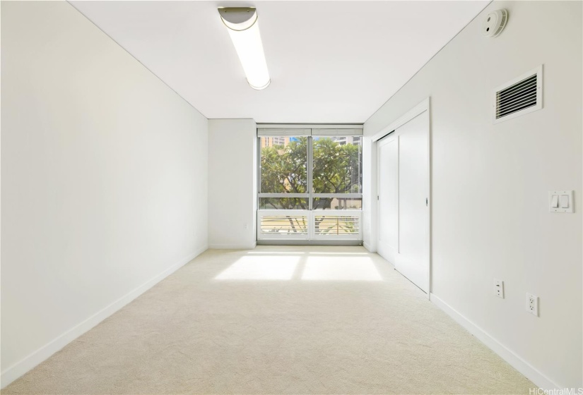 Second bedroom facing east with large windows and a closet organizer system