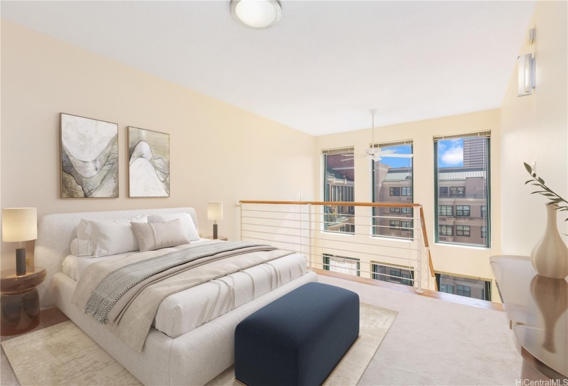 Bedroom, upstairs.  Photo has been virtually staged.