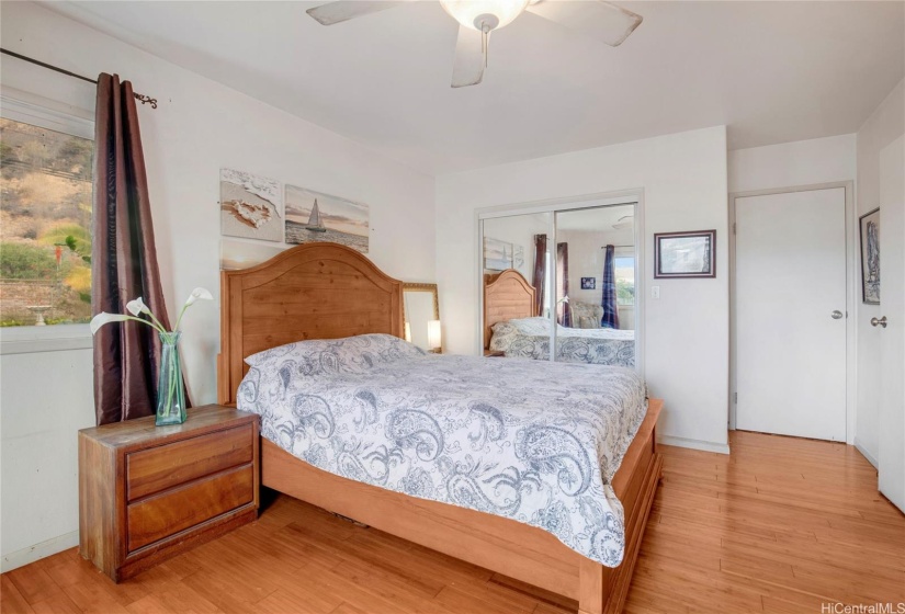 This Primary ground floor bedroom features a huge walk-in closet behind the mirrored doors, providing ample storage space and convenience and a full bathroom with lots of storage.