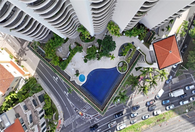 This is a bird's-eye view of the amenity deck at the property. The deck is located on 14th floor and provides a great view of the surrounding area.