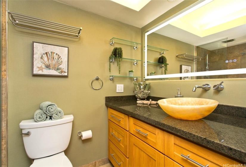 Fully remodeled master bath with large lighted mirror and lighted coffered ceilings