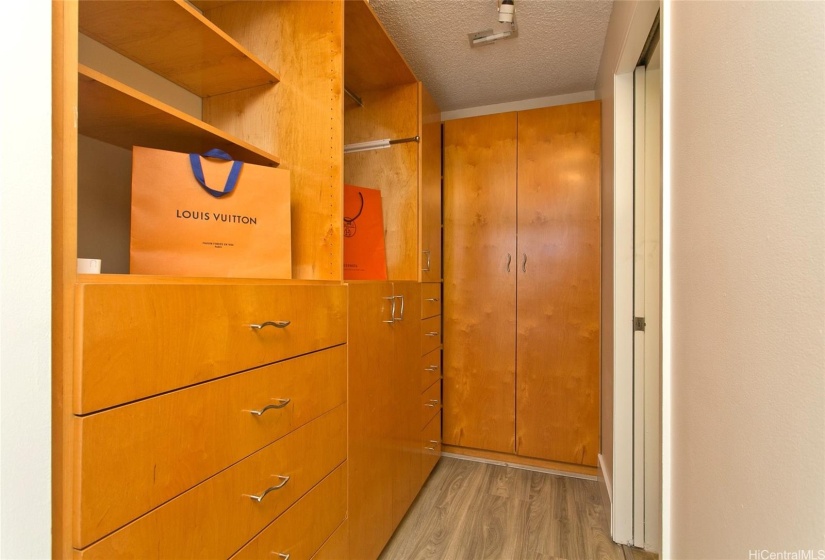 Master walk-in closet is a custom-designed walk-in closet with extensive wood panel built-ins providing lots of storage space and options.