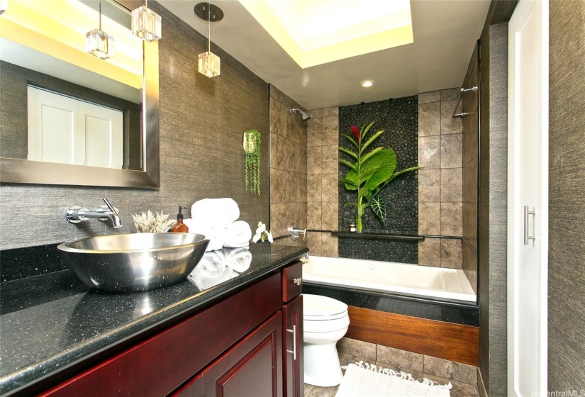 Guest bath creates a spa feeling with whirlpool tub, sophisticated wall coverings and lighted coffered ceilings
