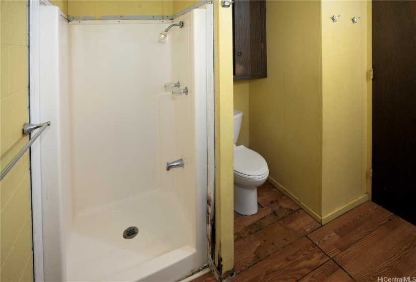 This bathroom is across the hall from the kitchen.