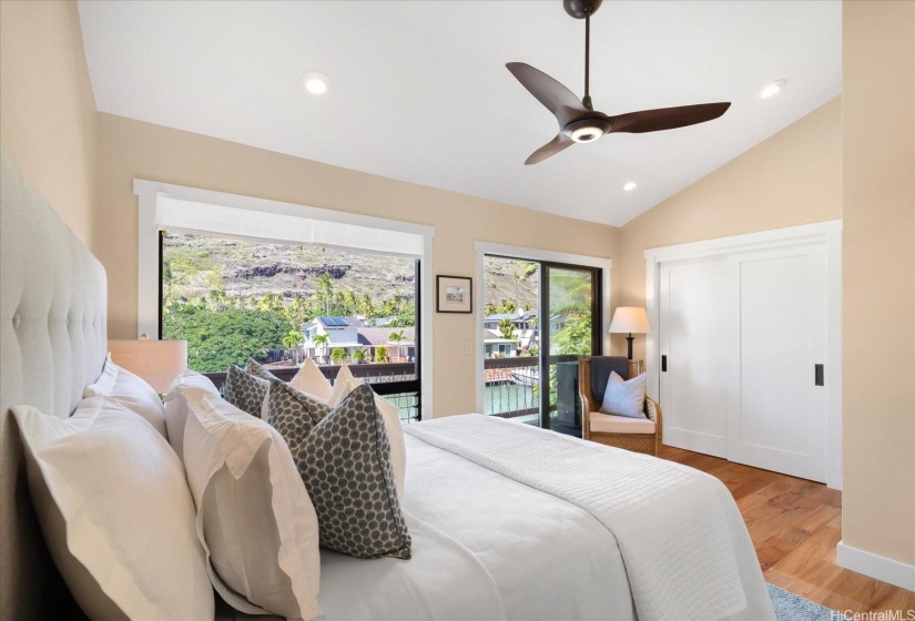 The primary bedroom was redesigned to include 2 full size closets, faulted ceiling and above storage.