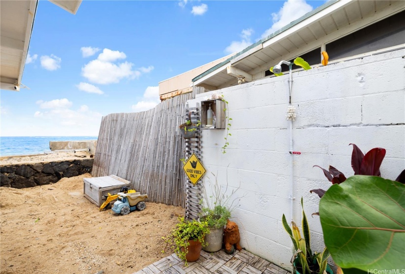 Viewpoint from the side yard with outdoor shower.
