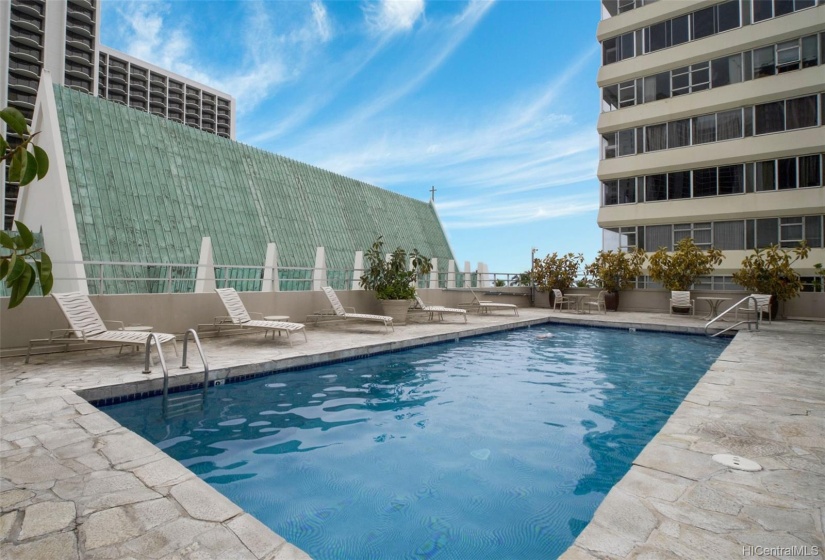 The heated salt-water pool can be enjoyed year round and is one of the many amenities at Foster Tower.