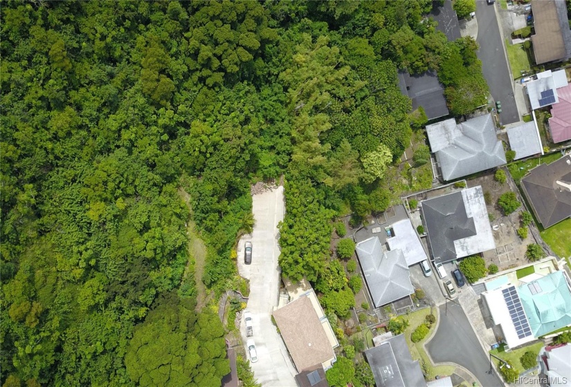 Driveway leading to parcel. Lot begins just past car cutout