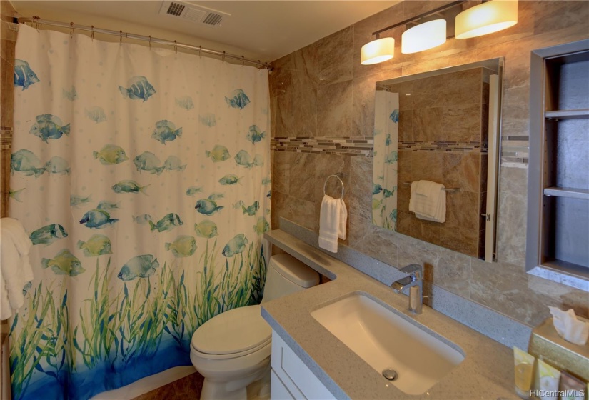 Master Bath with double sink and bathtub.  Remodeled 2015.