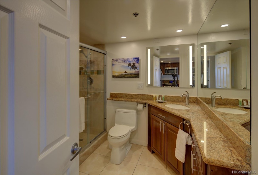 Guest bathroom with walk-in shower.