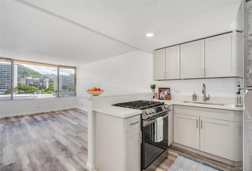 View of beautiful open kitchen with bar seating, looking towards living room