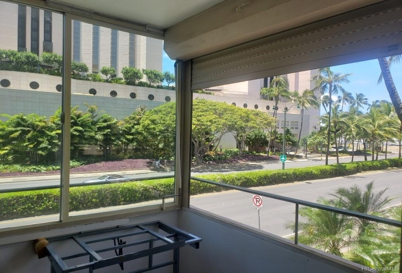 View from your back lanai. The window on the left is double paned which helps with the noise and hurricane shutters are also new.