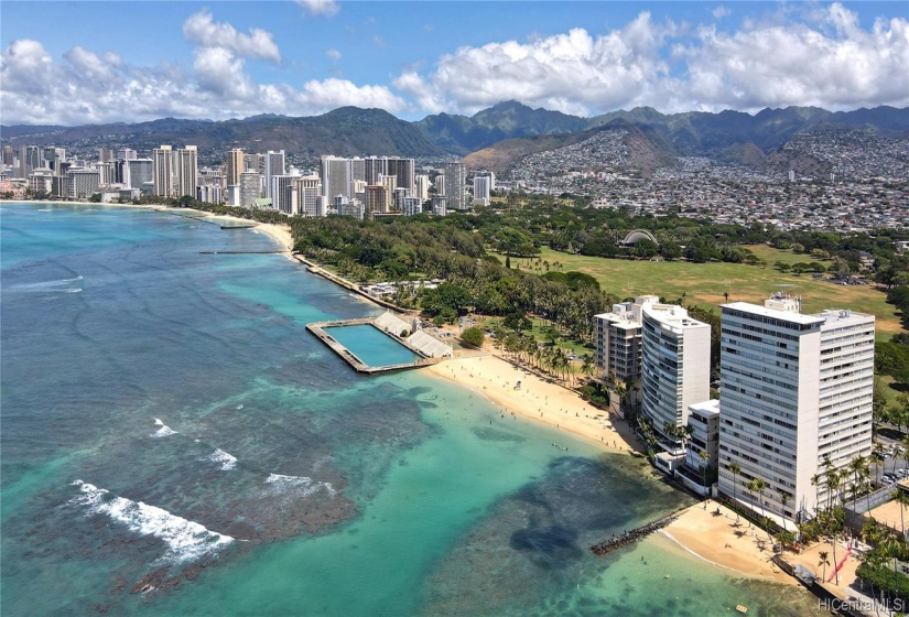 The building is sandy beach front