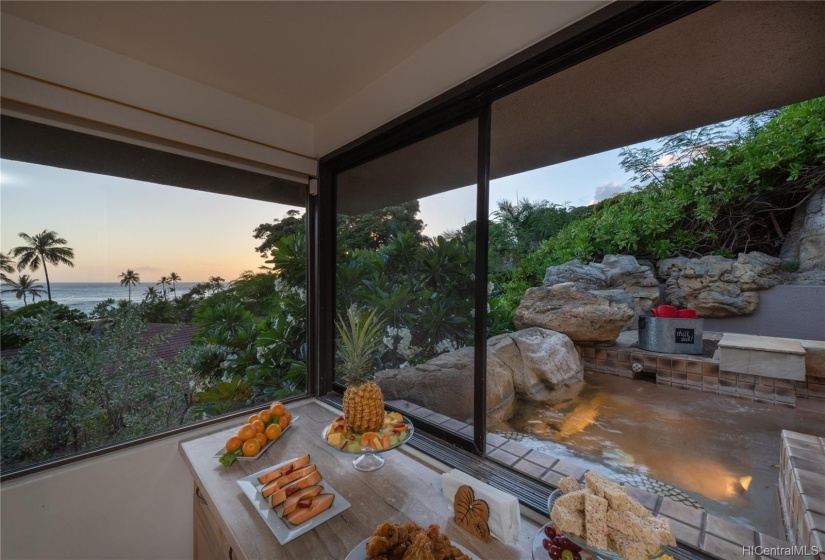 The spa is tucked away on the main level for privacy and perfect sunset viewing.