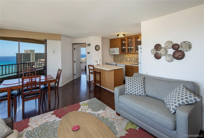 You can enjoy ocean view from lanai and the dining area. Laminated wood plank flooring throughout the living and bedrooms for easy maintenance.