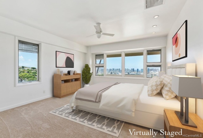 Downstairs Bedroom 1 features amazing Diamond Head and ocean views with attached full bathroom and walk in closet.Virtually Staged