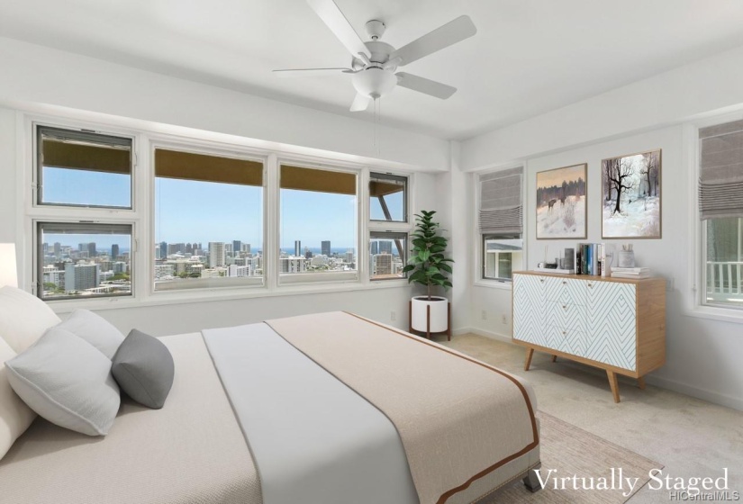 Bedroom 2 with  Diamond Head and Ocean views! Imagine the pretty sparkling city lights at night!Virtually Staged